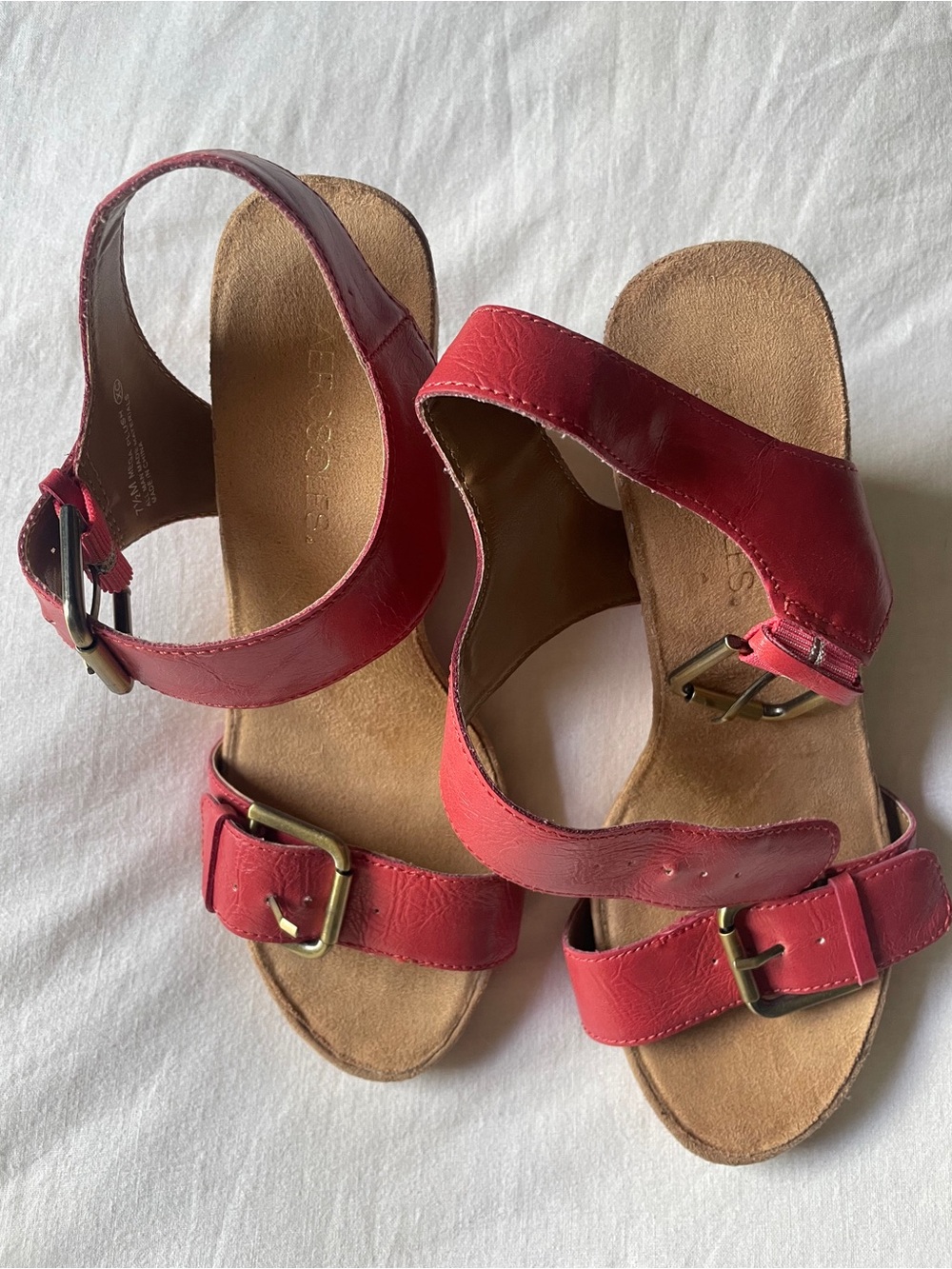 🎀AEROSOLES Red Leather Cork Wedge Sandals with Buckle
